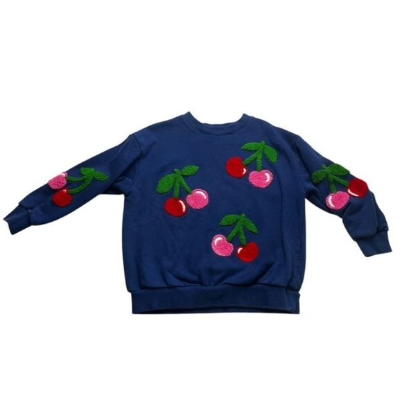 Mini Boden Other - Mini Boden Girls Graphic Boucle Sweatshirt in Starboard Blue Cherries Size 5-6 Y